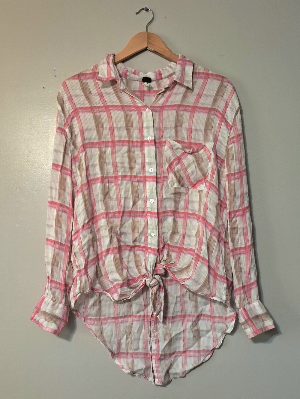 We The Free Pink and White windowpane Plaid Button-Up Top